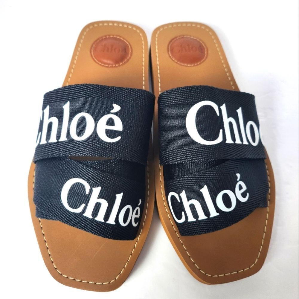 Chloe Woody Flat Logo Ribbon Black Slide Sandals Size 37 New - Picture 3 of 9